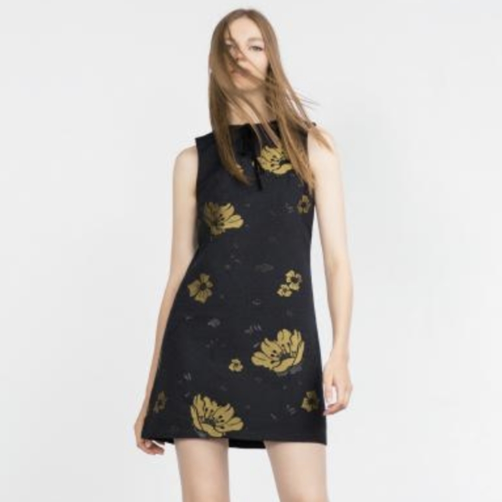 Zara Gold floral Black Dress